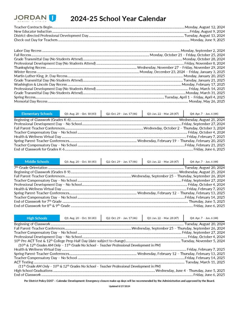 Jordan School District Calendar