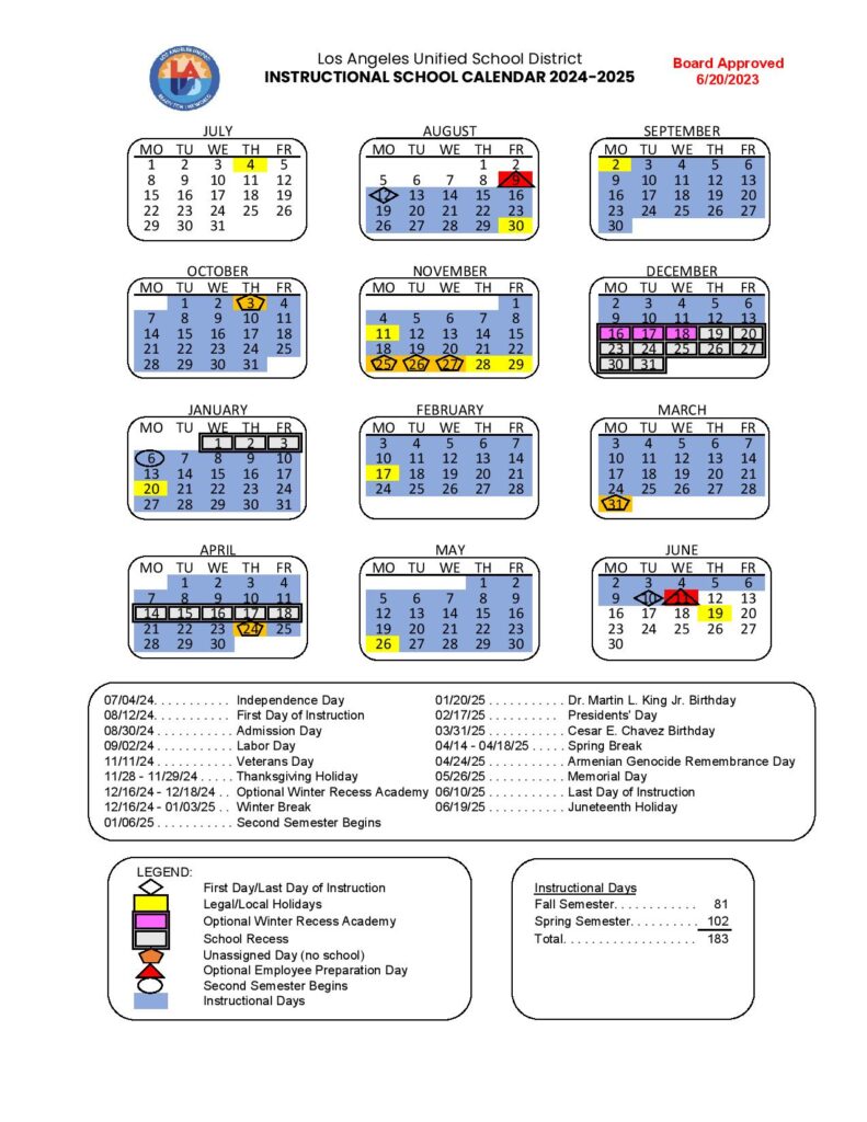 LAUSD School Calendar 2024-25