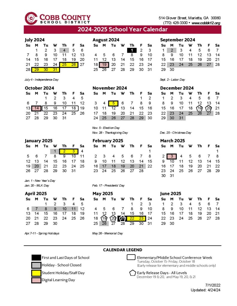 Cobb County School District Calendar