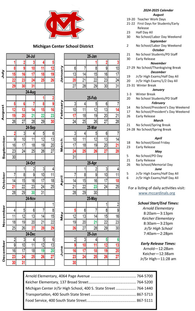 Michigan Center School District Calendar