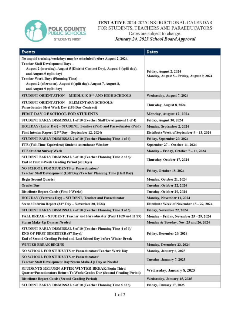 Polk County Public Schools Calendar