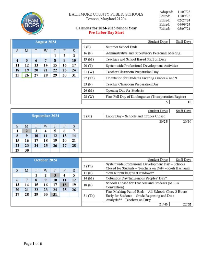 Baltimore County Public Schools Calendar